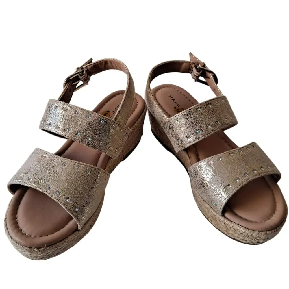 Marc Fisher Marrel Shimmer Strappy Espadrille Wedge Sandals Gold Girls Size 2